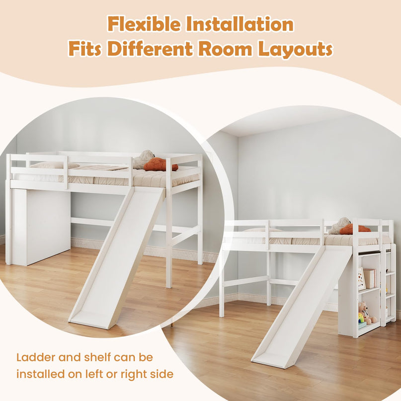 GIANTEX Twin Size Loft Bed with Slide Ladder Storage Shelves for Kids