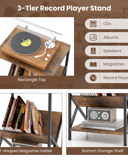 Meuble support platine vinyle Giantex, table d'appoint à 3 niveaux avec porte-revues en V, support de platine avec rangement pour jusqu'à 80 vinyles