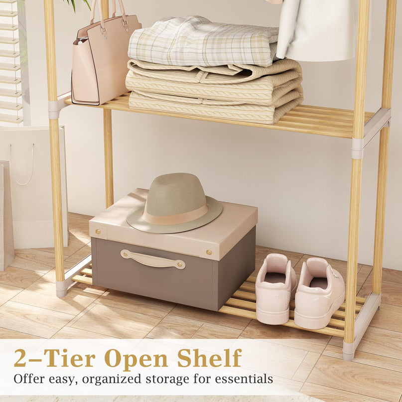 Giantex Pine Wood Clothes Rack with 2-Tier Open Storage Shelf for Hanging Clothes