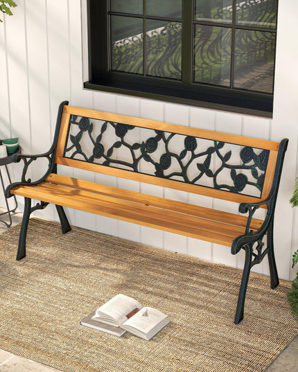 Giantex Outdoor Bench, 3-Person Park Bench with Slatted Seat, Curved Armrests, Floral Pattern Backrest