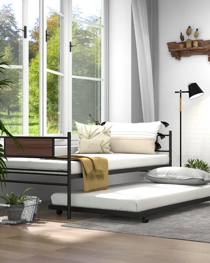 Giantex Metal Daybed with Trundle, Twin Size Day Bed with Wood Grain Headboard & Metal Slat Support