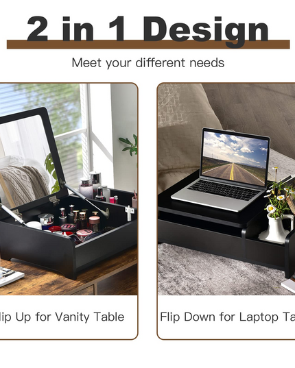 Countertop Vanity with Flip Top Mirror, 24inch Tabletop Laptop Desk with 2 Compartments Organizer