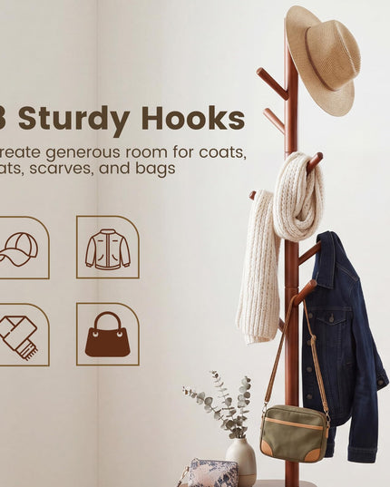 Giantex Coat Rack Freestanding | 70" Solid Wood Clothing Rack with 8 Hooks and 2 Storage Shelves
