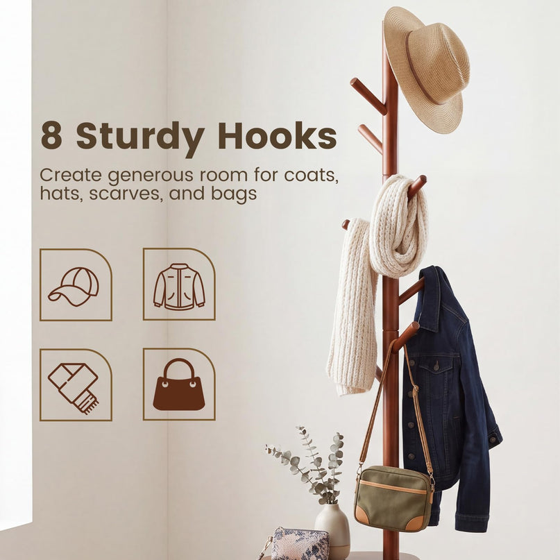 Giantex Coat Rack Freestanding | 70" Solid Wood Clothing Rack with 8 Hooks and 2 Storage Shelves