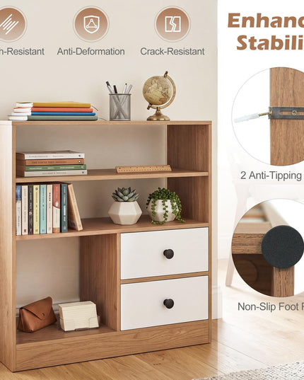 Giantex 4-Tier Bookshelf w/3 Open Compartments & 2 Detachable Fabric Drawers