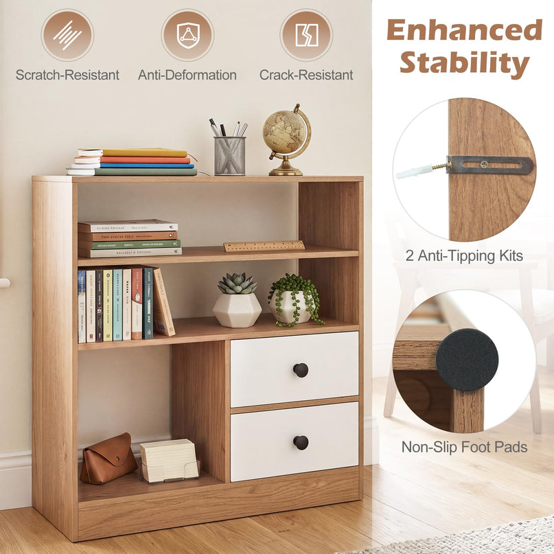 Giantex 4-Tier Bookshelf w/3 Open Compartments & 2 Detachable Fabric Drawers