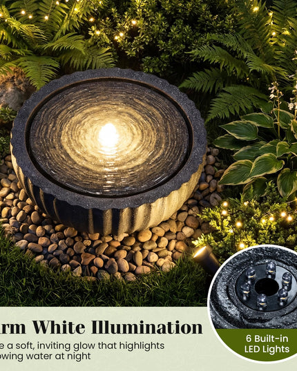 Fontaine d'extérieur ronde Giantex 45 cm avec 6 lumières LED pour la décoration de jardin, patio, porche