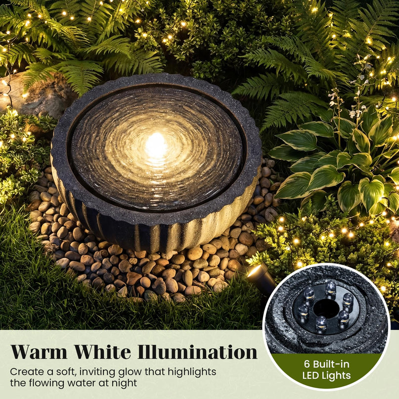 Giantex 18" Round Outdoor Water Fountain with 6 LED Lights for Garden Patio Porch Decor