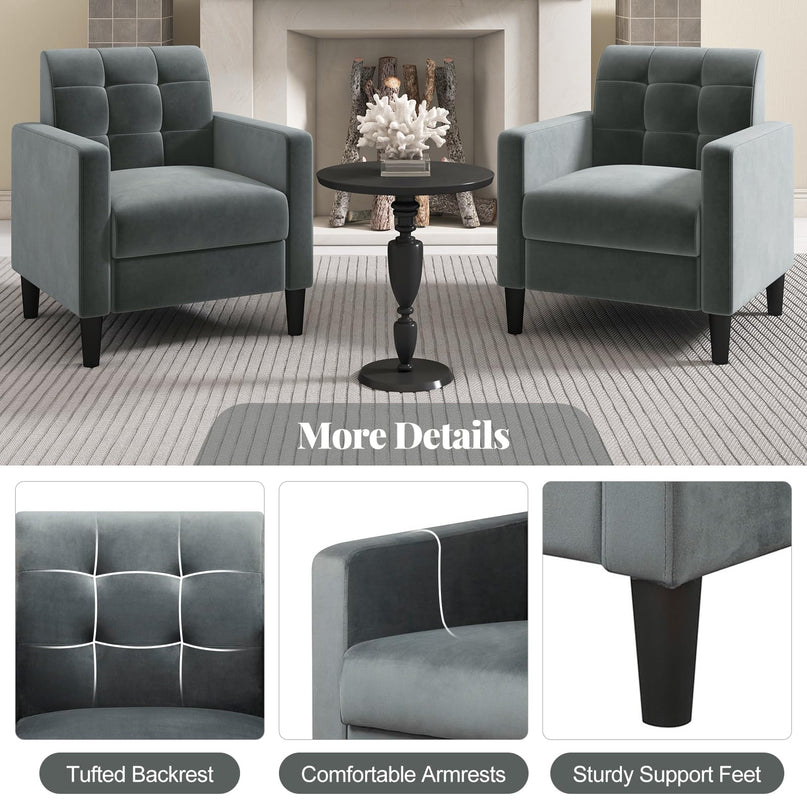 Giantex Modern Velvet Accent Chair Set, Upholstered Comfy Armchair with Tufted Back, Arms, Mid Century Single Sofa Side Chair