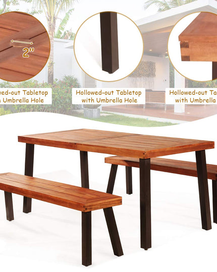 Patio Dining Table Set with 2 Benches, Outdoor Picnic Table Set with Umbrella Hole