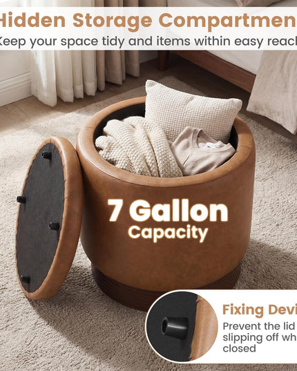 Giantex Round Ottoman with Storage 360° Swivel Faux Leather Vanity Stool