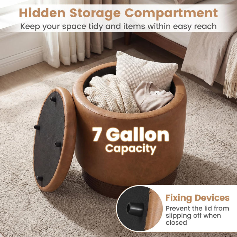 Giantex Round Ottoman with Storage 360° Swivel Faux Leather Vanity Stool