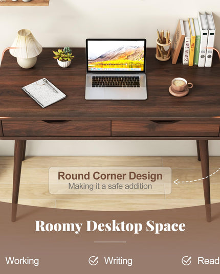 Giantex Mid-Century Desk with 2 Drawers, 43.5" Writing Study Desk with Solid Rubber Wood Legs