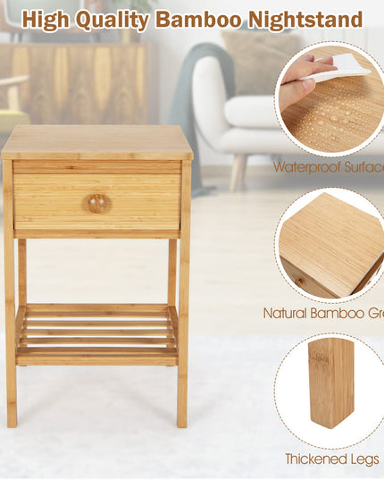 Giantex Nightstand Bamboo Bedside Table with Drawer, Open Shelf, Multifunctional Side Table