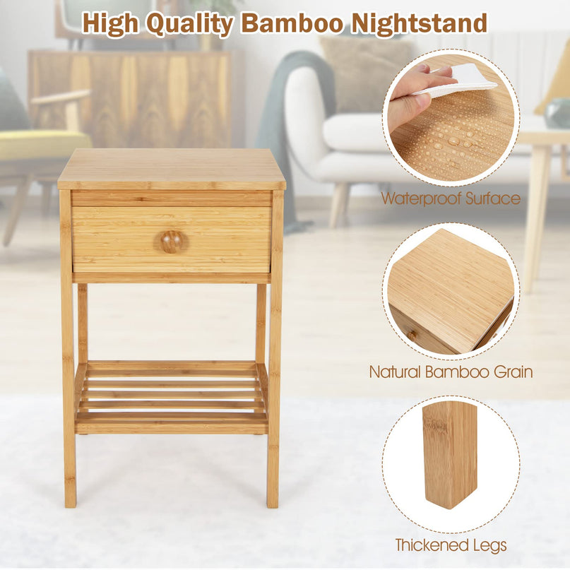 Giantex Nightstand Bamboo Bedside Table with Drawer, Open Shelf, Multifunctional Side Table