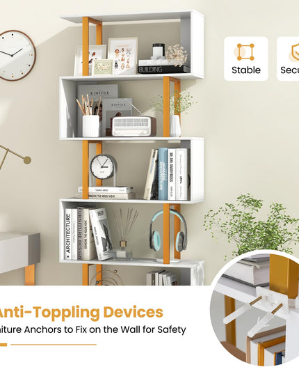 Giantex 6-Tier Modern S-Shaped Bookshelf with Anti-Tipping Kits