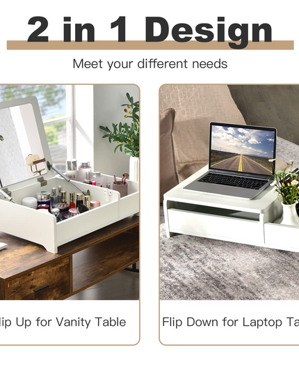 Countertop Vanity with Flip Top Mirror, 24inch Tabletop Laptop Desk with 2 Compartments Organizer
