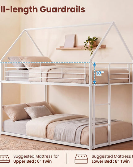 Giantex House-Shaped Twin Over Twin Metal Bunk Bed with Safety Guardrail & Roof