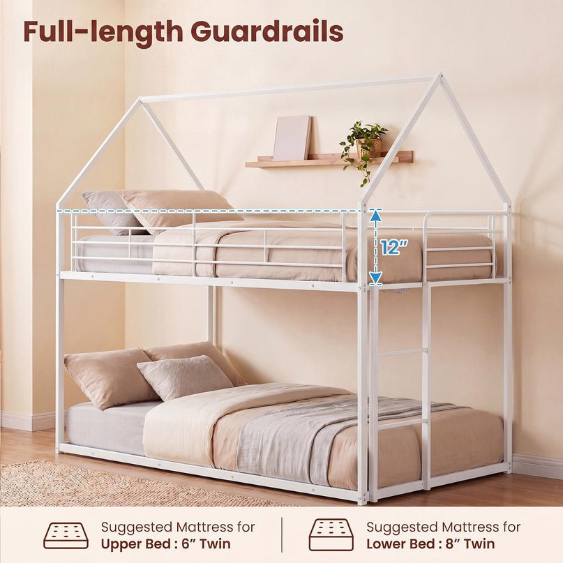 Giantex House-Shaped Twin Over Twin Metal Bunk Bed with Safety Guardrail & Roof