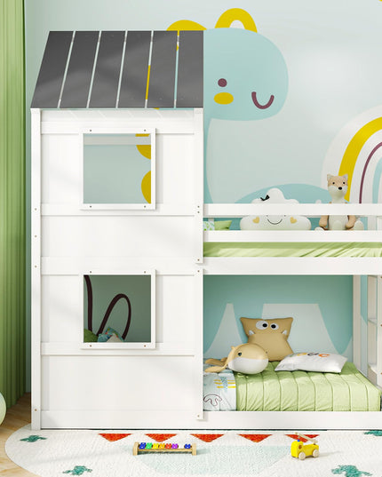 Giantex House Bunk Bed Twin Over Twin, Solid Wood Floor Bunk Bed with Built in Ladder, Window & Safety Guardrail