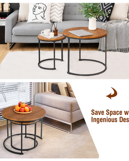 Nesting Coffee Table Set of 2, Round Stacking Side Tables w/Wooden Tabletop & Steel Frame