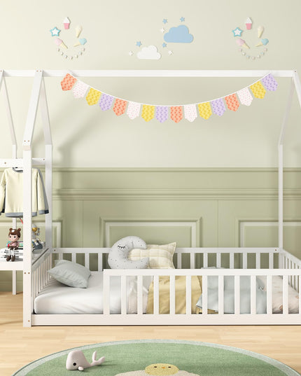Giantex Twin House Floor Bed, Solid Wood Montessori Floor Bed with Detachable Storage Shelf & Clothes Hanger