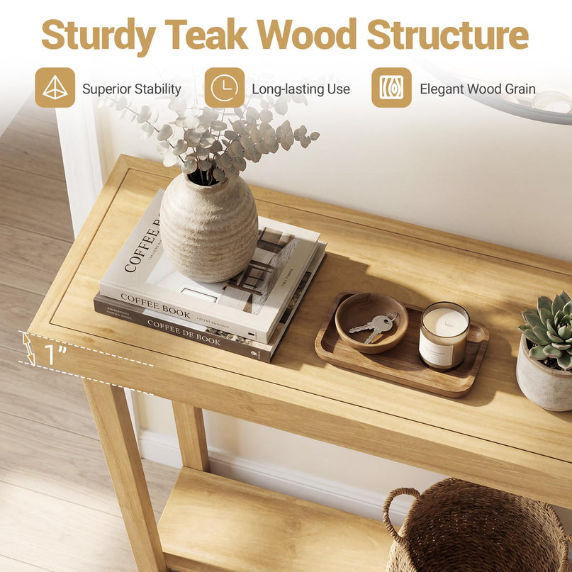 Giantex Console en bois massif à 2 niveaux avec cadre en bois de teck et étagère de rangement (46" x 12" x 32")