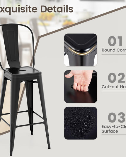 Giantex Metal Bar Stools Set of 4, 30" High Back Bar Height Chairs w/Footrest & Removable Backrest