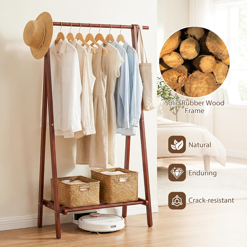 Giantex Solid Rubber Wood Clothes Hanging Stand with Storage Shelf for Garments Hats Handbags