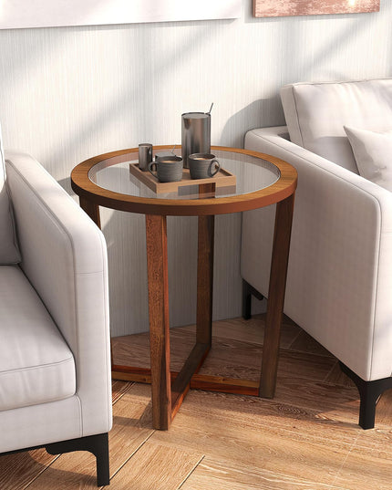 Giantex Glass Round End Table, Sofa Side Table with Transparent Tempered Glass Top