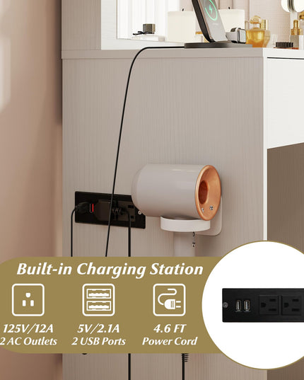 CHARMAID White Vanity Desk with Mirror and Lights | Modern Bedroom Dressing Table