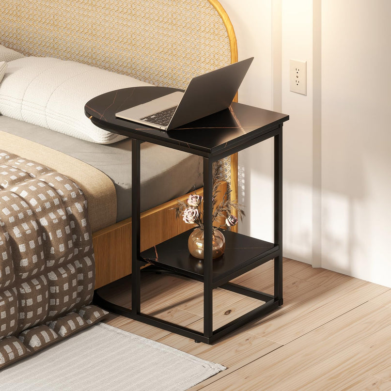 Giantex C Shaped End Table with Faux Marble Tabletop & Storage Shelf