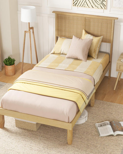 Giantex Bed Frames with Rattan Headboard, Boho Solid Wood Platform Bed with Wooden Slats