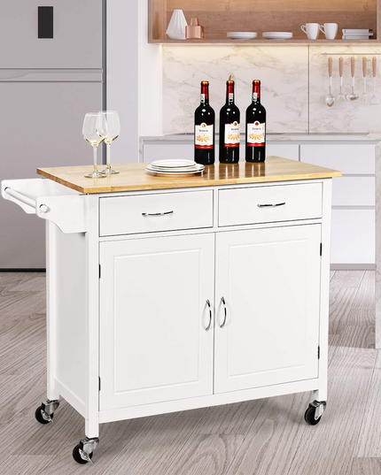 Giantex Kitchen Island, Rolling Kitchen Cart, Wood Counter Top, Bar Dining Room Organizer Furniture, White