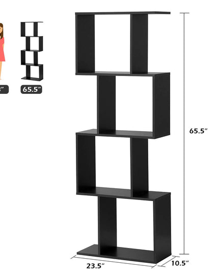 4 Tier Bookshelf S Shaped Bookcase, Multifunctional Wooden Display Decor Furniture