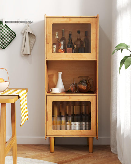 Giantex Bamboo Storage Cabinet, 3-Cube Bookcase, Freestanding Liquor Display Sideboard with 2 Single Doors