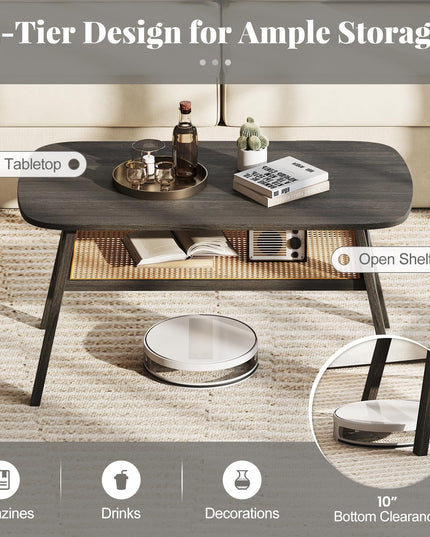 Giantex 2-Tier Mid Century Modern Rattan Coffee Table