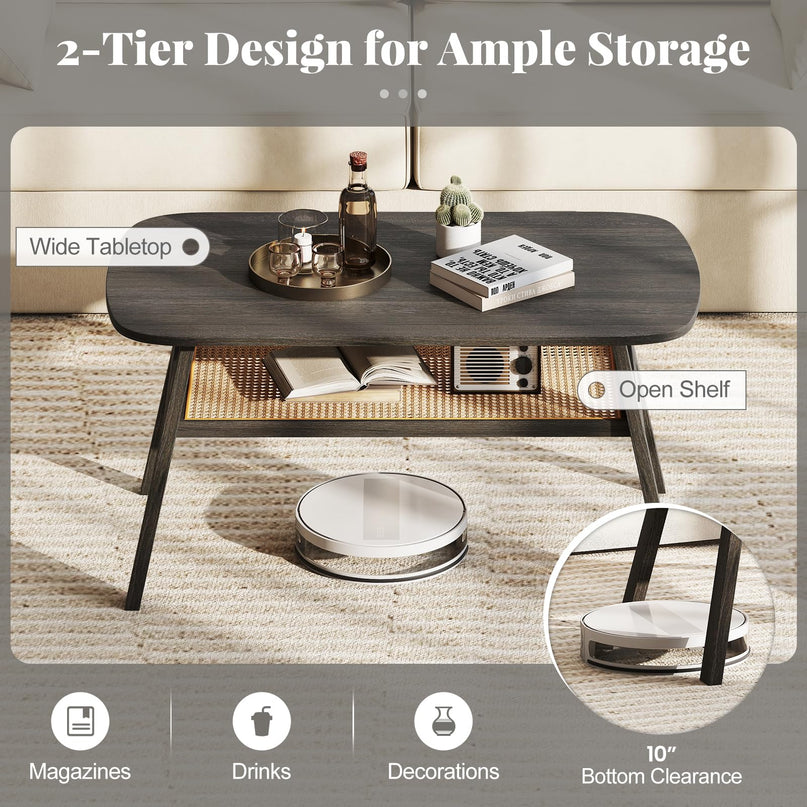 Giantex 2-Tier Mid Century Modern Rattan Coffee Table
