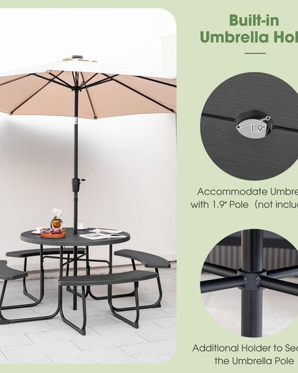 Giantex Picnic Table Set for Up to 8 Persons, Round Outdoor Table and Bench Set with Umbrella Hole