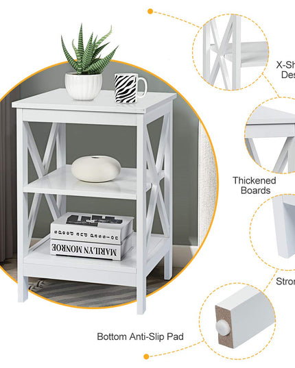 Nightstand 3-Tier X-Design W/Storage Shelves and Stable Structure Storage Organizer Display Sofa Side Table
