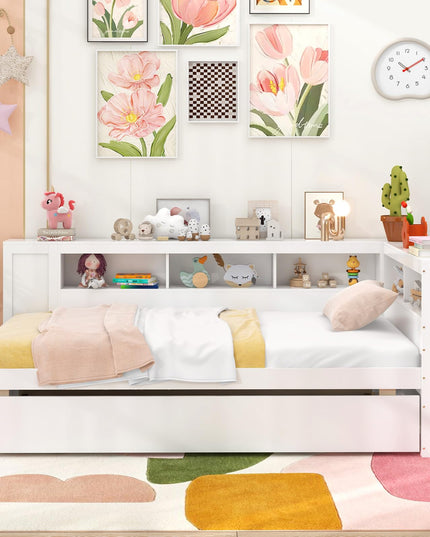 Giantex Twin Daybed with Trundle, Wood Twin Bed Frames with Storage Headboard, Reversible Bookcase