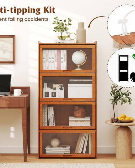 Giantex 4-Tier Bookcase with Clear Doors, 55" Bamboo Bookshelf with Flip-up Acrylic Doors, Freestanding Cube Storage Organizer with Shelves