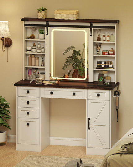 CHARMAID Farmhouse Vanity Table with Barn-Style Sliding Lighted Mirror