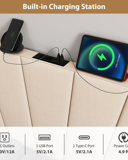 Giantex Headboard with Charging Station Queen/Full Size（Vertical Channel Tufting with Charging）