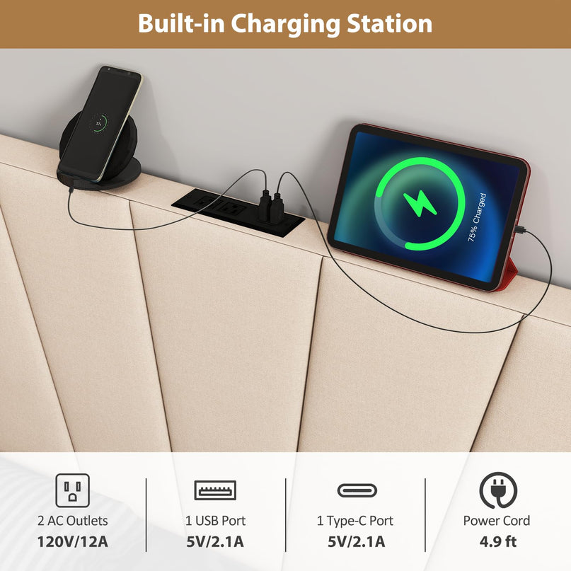 Tête de lit Giantex avec station de charge Grand lit/lit double (capitonnage vertical avec fonction de charge)