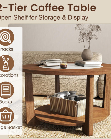 Giantex 2-Tier Round Farmhouse Coffee Table with 2-Tone Tabletop