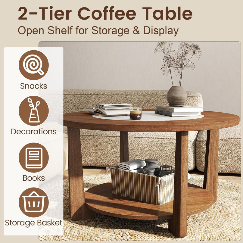 Giantex 2-Tier Round Farmhouse Coffee Table with 2-Tone Tabletop