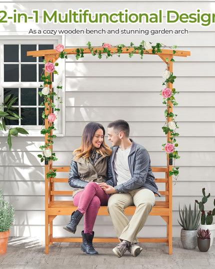 Giantex Garden Arch Trellis with Bench - 63''W x 79''H Wooden Arbor with 2-Person Outdoor Bench