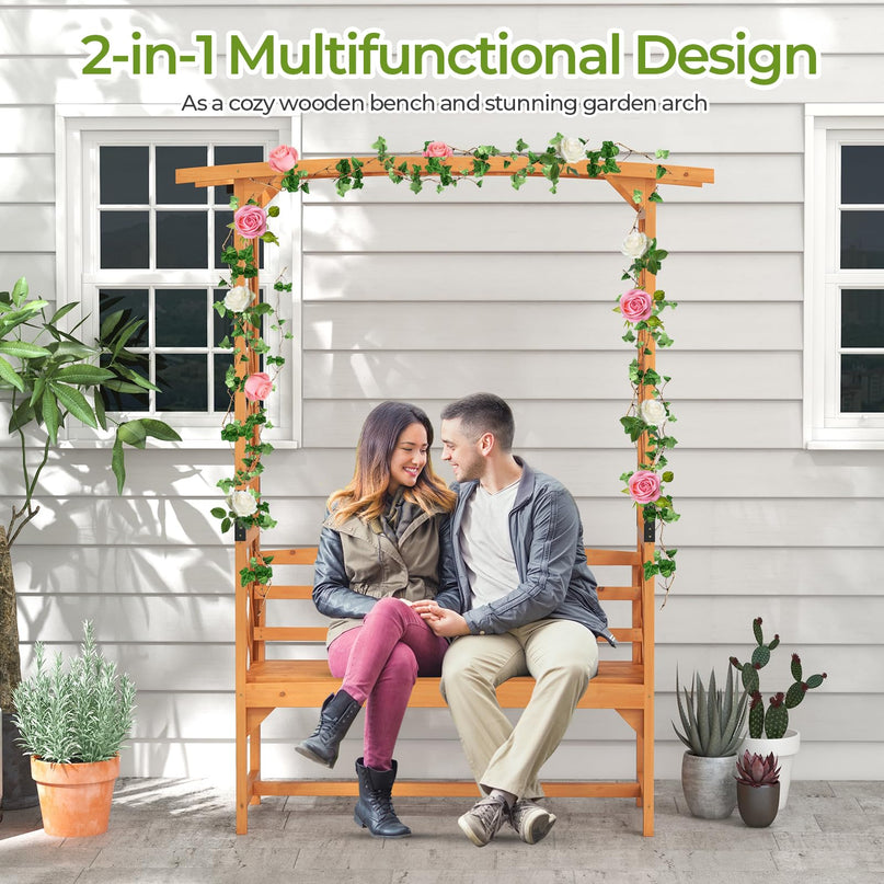 Giantex Garden Arch Trellis with Bench - 63''W x 79''H Wooden Arbor with 2-Person Outdoor Bench