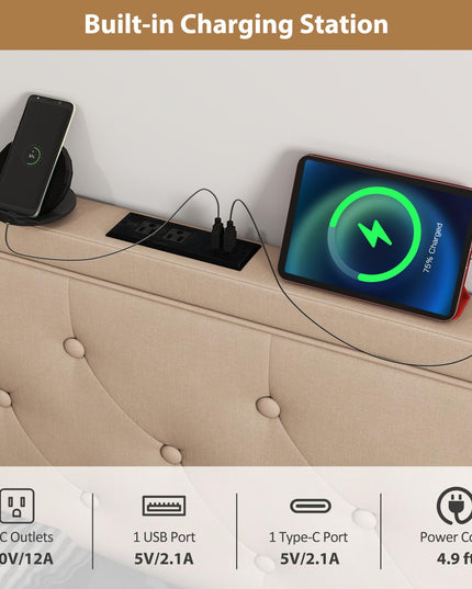 Giantex Headboard with Charging Station Queen/Full Size(Diamond Tufting with Charging)